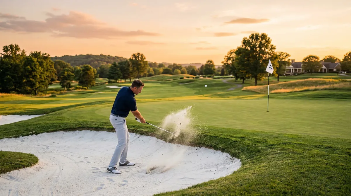 Golfer practising a chip shot from just off the green with the pin in view